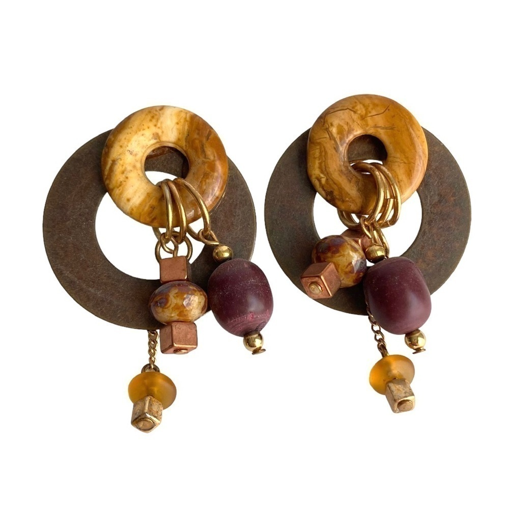 Vintage 90s Southwest Beaded Earrings Boho Stone Circle Statement Jewelry‎